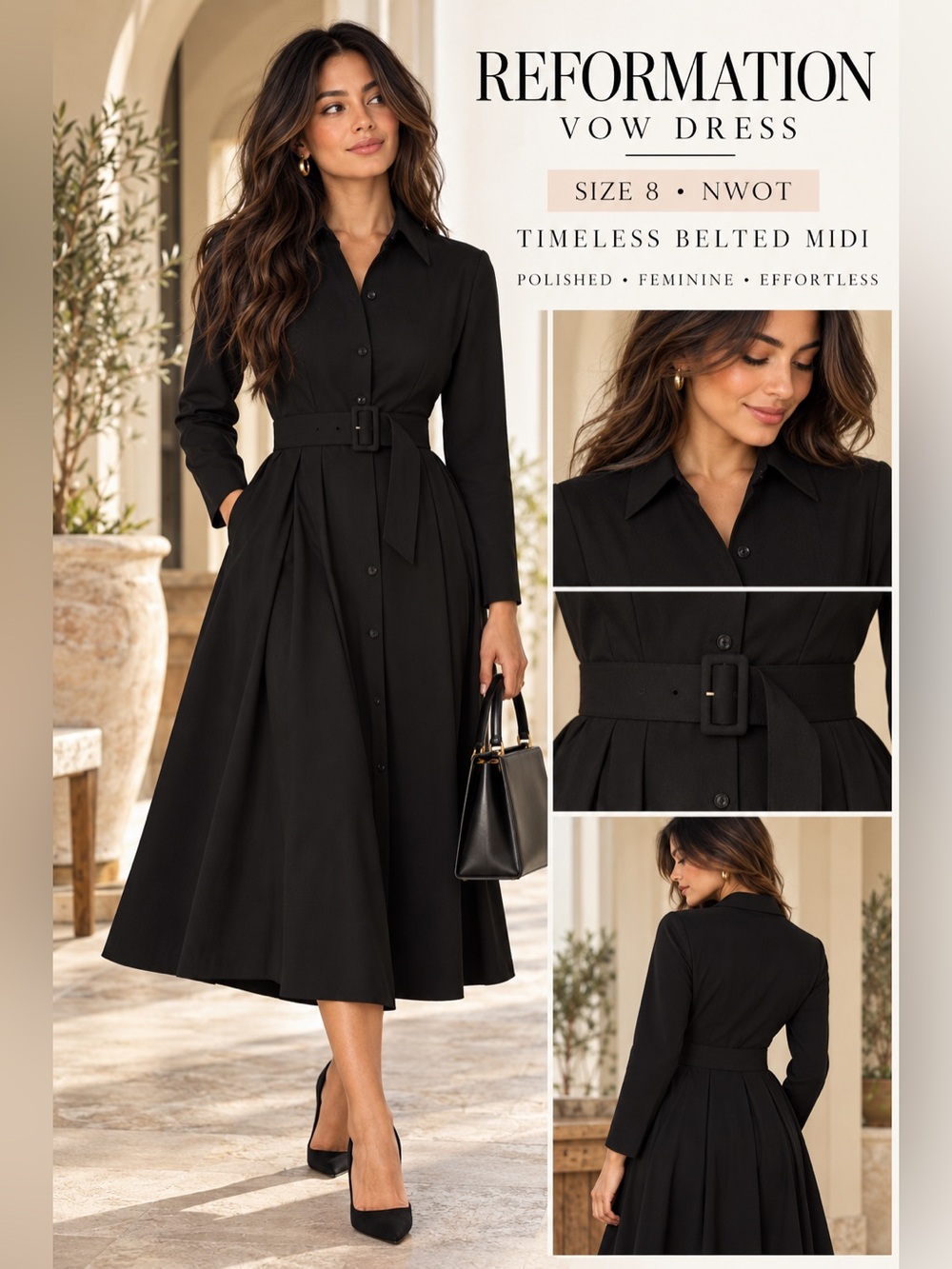 Nara Smith x Reformation Vow Dress Black Belted Midi Shirtdress Size 8 NWOT